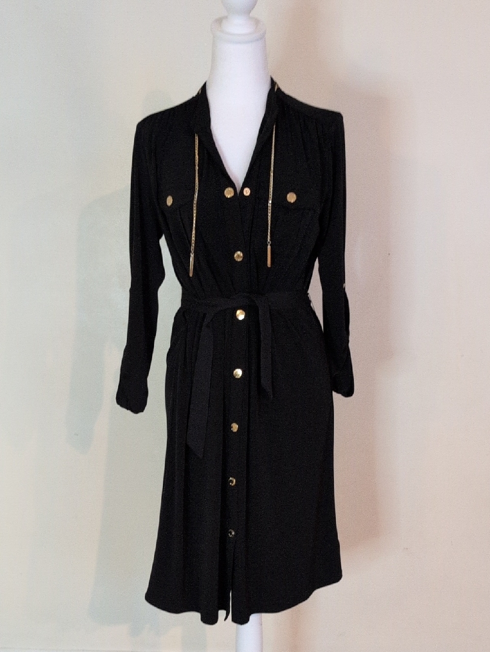 MICHAEL Michael Kors Black Long-Sleeve Shirt Dress with Gold-Tone Details Size L